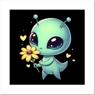 Cute little Alien With Yellow Flower Posters and Art